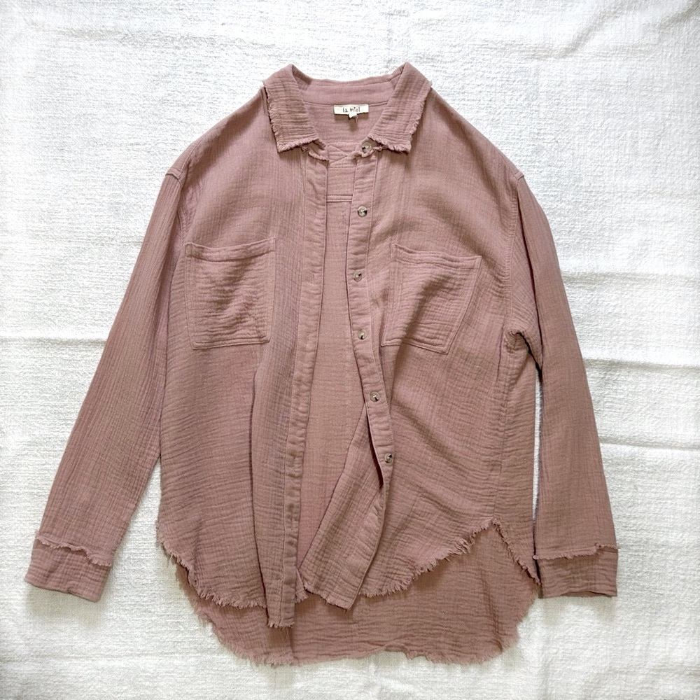 La Miel Soft Washed Crinkled Gauze Button Shirt Light Pink - Women's Medium